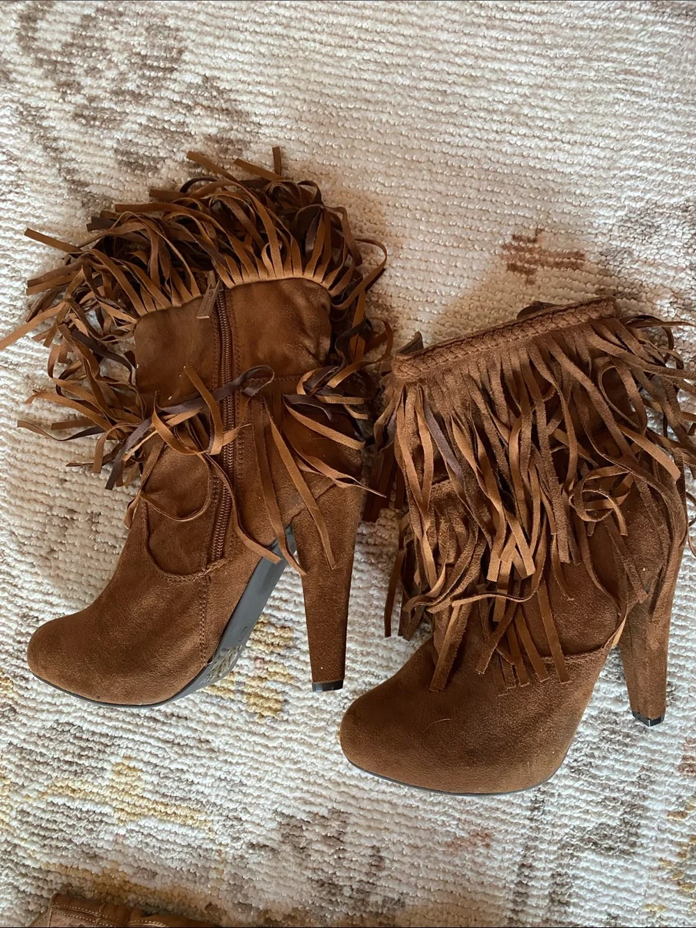 Fringe Suede High Heel Ankle Boots - Brown